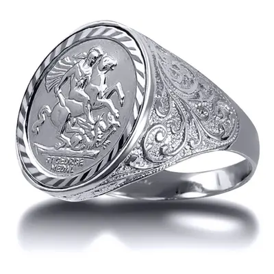 (V) Jewelco London Men's Solid Silver Floral Engraved St George & Dragon Medallion Ring (Half So