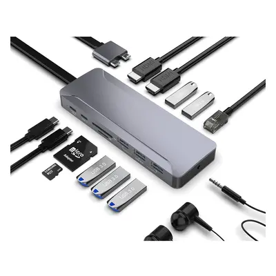 15 Port USB Hub 3.0 Alumimum Dual Type-C Hub Adapter with 3.5mm Audio JackRJ45 Network Port