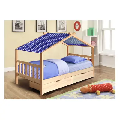 (With Kerri Mattress, With Blue Tent) 3ft Natural Wooden Storage House Bed With Tent and Mattres