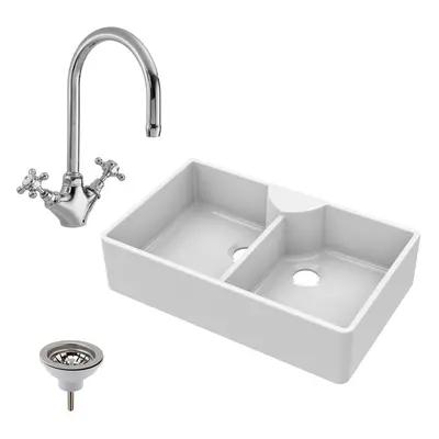 895mm - Double Bowl Fireclay Butler Kitchen Sink - Stepped Weir, Mixer Tap & Wastes