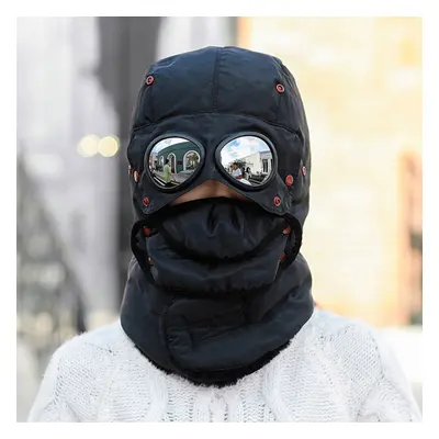 (Black) Men Women Thermal Winter Trapper Hat Face Mask Earflap Warmer Outdoor Warm Windproof Ski