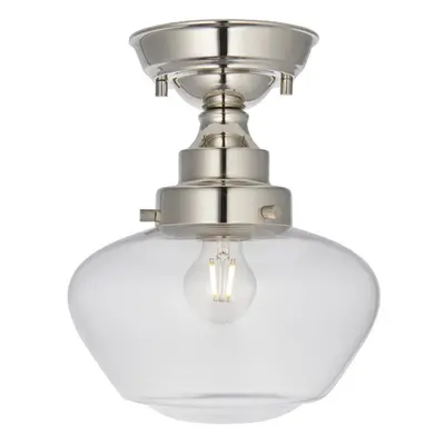 Polished Nickel Semi Flush Ceiling Light Fitting & Clear Glass Shade Low Profile