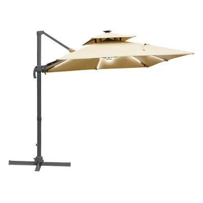 Outsunny 3m Cantilever Parasol LED Patio Umbrella for Lawn Beach Poolside Khaki