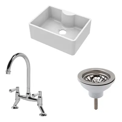 Fireclay Kitchen Bundle - Single Bowl Butler Sink with Tap Ledge, Waste & Bridge Mixer Tap, 595m