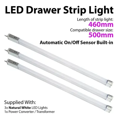 3x 500mm LED Drawer Strip Light AUTO ON/OFF PIR SENSOR Kitchen Cupboard Door