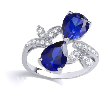 (K) Jewelco London Sterling Silver Sapphire-Blue CZ & Created Sapphire Double Teardrop Ring With