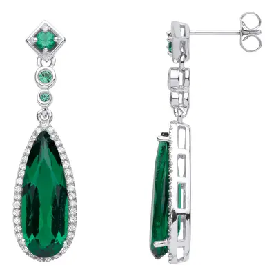 Jewelco London Ladies Rhodium Plated Sterling Silver Green Pear CZ Elongated Rock Candy Drop Ear