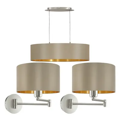 Ceiling Pendant Light & 2x Matching Wall Lights Taupe & Gold Large Linear Shade