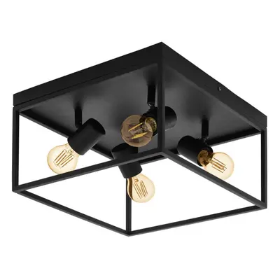 Flush Ceiling Light Colour Black Open Metal Frame Box & Holders Bulb E27 4x40W