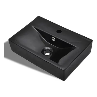 vidaXL Ceramic Bathroom Sink Basin Faucet/Overflow Hole Black Rectangular Bath