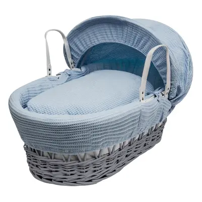 Blue Waffle Grey Wicker Moses Basket With Mattress And Padded Liner