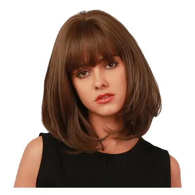 Dark Brown Short Straight Hair Bangs Bob Head Full Head Cover Wig