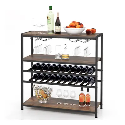 5-Tier Wooden Wine Rack Modern Kitchen End Table w/ Glass Holder Industrial