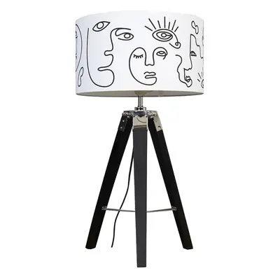 Clipper Black Wood/Chrome Tripod Table Lamp + Reni Large Drum Shade Art Face Design