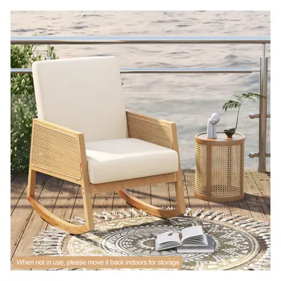 Upholstered Rocking Chair W/Cushion & Rattan Armrests Single Accent Chair