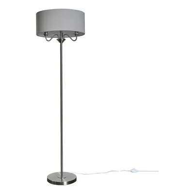 Modern Brushed Chrome Way Multi Arm Floor Lamp with a Grey Linen Slimline Drum Shade