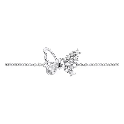 Jewelco London Ladies Rhodium Plated Sterling Silver Pear CZ Frosted Butterfly Rolo Charm Bracel