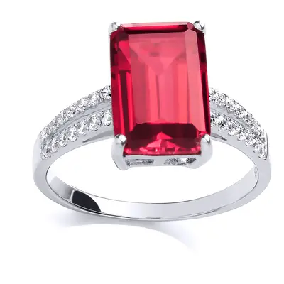 (R) Jewelco London Ladies Rhodium Sterling Silver Red Emerald Cut CZ Shoulder-Set Claw Solitaire