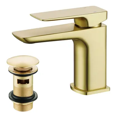 Nes Home Modern Brushed Brass Square Basin Mono Mixer Tap + Waste