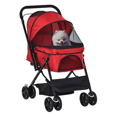 PawHut Pet Stroller Dog Foldable Travel Carriage with Reversible Handle, Red