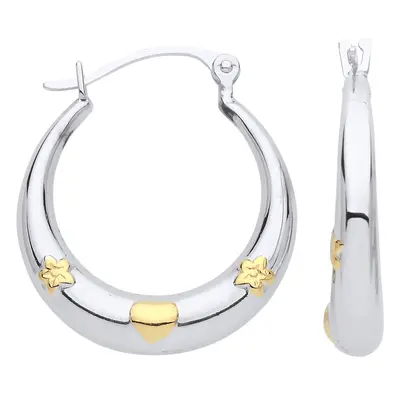 Jewelco London Ladies Rhodium & Yellow Gold-Plated Sterling Silver Love Heart Flower Creole Hoop