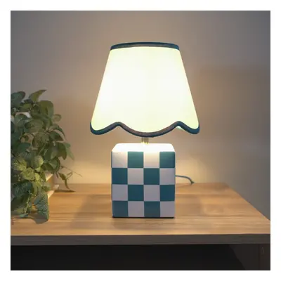 ValueLight Evie Pair Ceramic Cube Green Trim Scallop Shade Table Lamp