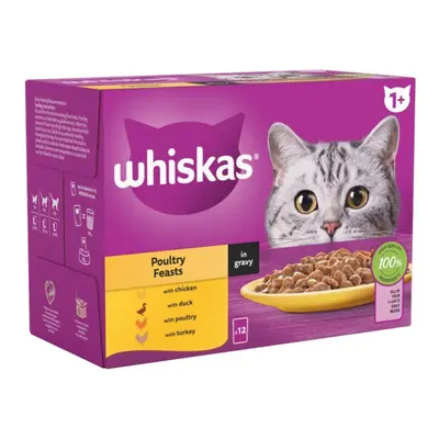 Whiskas 1+ Poultry Feasts Adult Wet Cat Food Pouches in Gravy x 85g (Pack of 4)