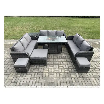 Fimous Outdoor Rattan Furniture Garden Dining Set Gas Fire Pit Table With Side Table Lounge Sofa