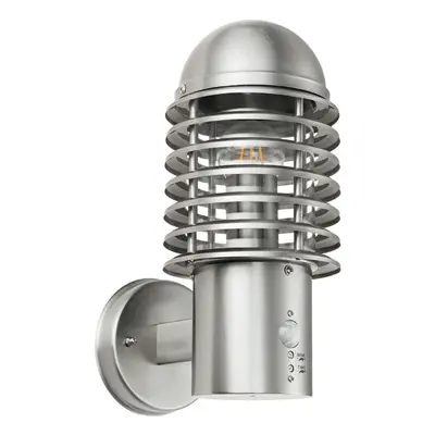 IP44 Outdoor Wall Lamp Brushed Steel Caged Slotted Lantern PIR Move Porch Light