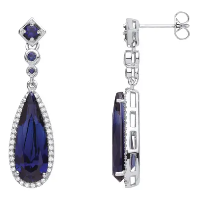 Jewelco London Ladies Rhodium Plated Sterling Silver Blue Pear CZ Elongated Rock Candy Drop Earr