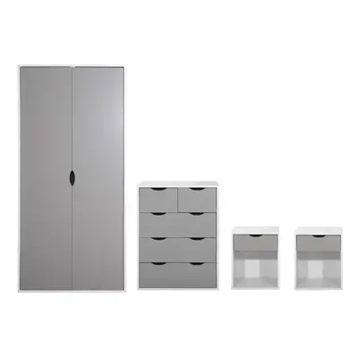 4 Piece Bedroom Furniture Set Wardrobe Chest Drawers Bedsides White & Grey