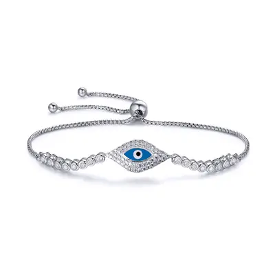 Jewelco London Rhodium Sterling Silver CZ Anti Evil Eye Eternity Line Cluster 1mm Adjustable Sli