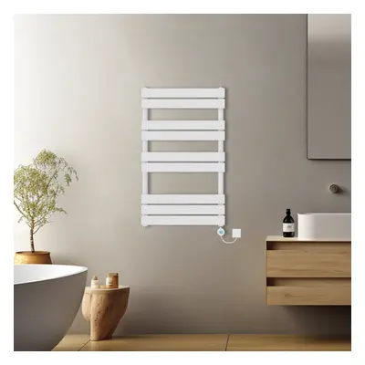 (White, 1000x600mm) Pre-filled Electric Heated Towel Rail Radiator Flat Panel Thermostatic