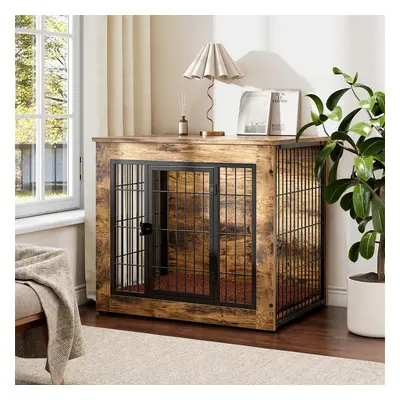 Retro Brown Lockable Dog Crate Wooden Pet Kennel Cage Table