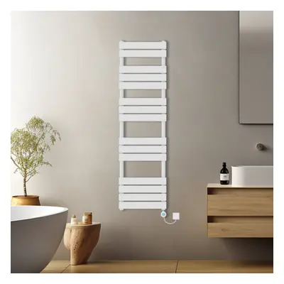 (White, 1600x450mm) Pre-filled Electric Heated Towel Rail Radiator Flat Panel Thermostatic