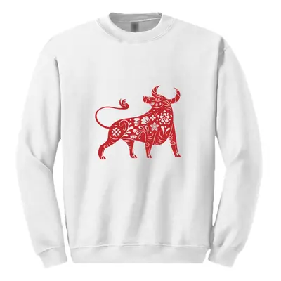 (3XL) Chinese Zodiac New Year OX Bull Cow Mens White Sweater Jumper Sweatshirt