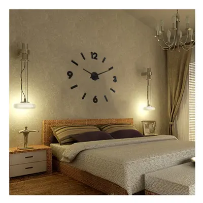 (Black) 3D Wall Clock Modern Large Home Decor Sticker Frameless Black Mirror