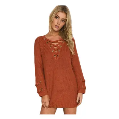 (Orange, XL) Women V Neck Knitted Sweater Striped Bandage Cross Ties Pullover Loose Casual Long 