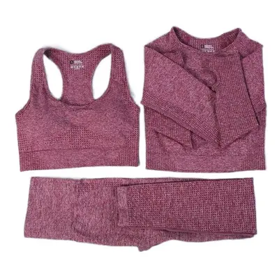 (Wine red, 2Pcs Set) Women Seamless Yoga Set Gym SportWear Running Outwork Fitness Long SLeeve H