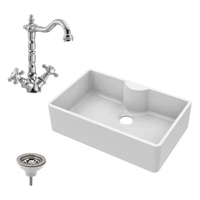 795mm - Fireclay Single Bowl Butler Kitchen Sink - Classic Tap, Tap Ledge & Waste