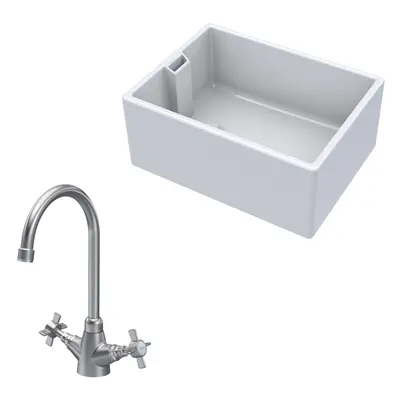 Fireclay Kitchen Bundle - Single Bowl Belfast Sink & Mono Crosshead Handle Tap, 615mm - Brushed 