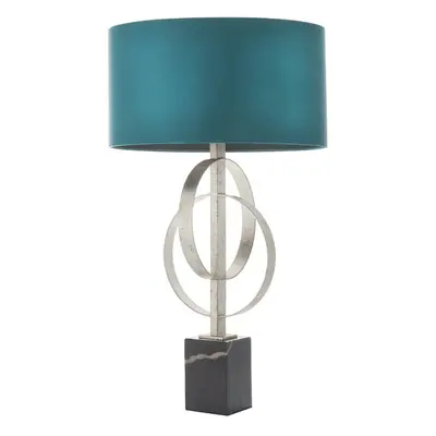 Antique Silver Table Lamp & Teal Satin Shade - Black Marble Base Desk Light