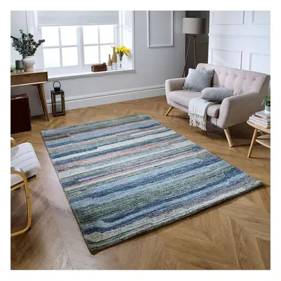 (Grey / Blue - Multi, 200x285cm) 100% Wool Rug Handmade Eco Friendly Rugs Stripe Line Linear Nat