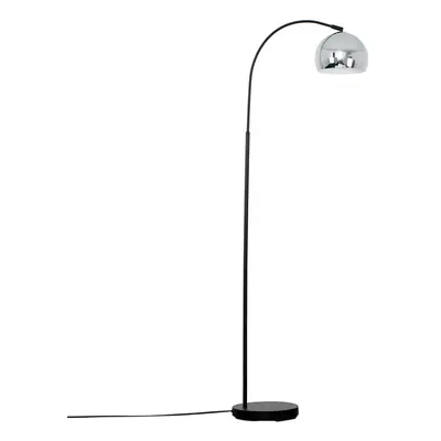 Modern Designer Style Black Curved Stem Floor Lamp with a Polished Chrome Arco Style Metal Dome 