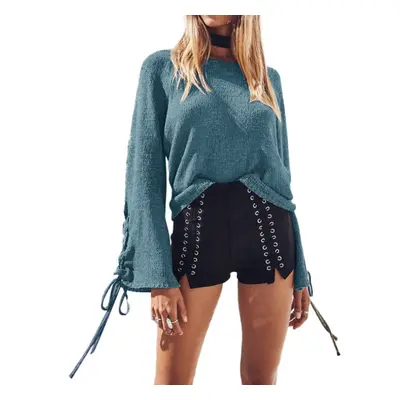 (Blue, M) Women Bell Sleeves Knitted Pullover Sweater Lace Up Eyelets O Neck Loose Casual Knit T