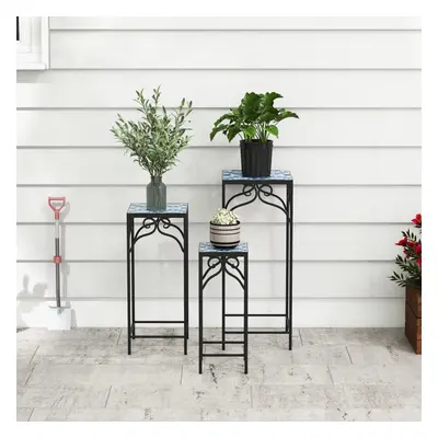 Set of Metal Plant Stand Blue Mosaic Display Rack Home Balcony&Patio