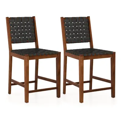 Set of Bar Stools Woven Counter Height Chairs Dining Chair w/ Faux PU Leather Straps 24"