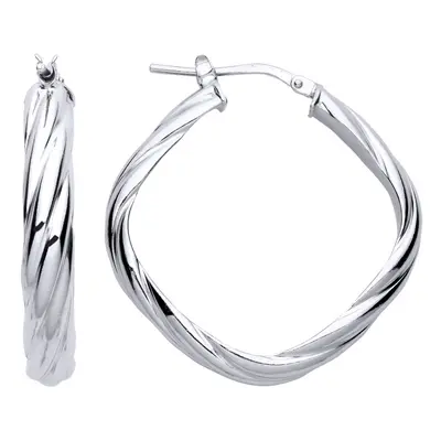 Jewelco London Ladies Rhodium Plated Sterling Silver D-Shape Twisted Square Hoop Earrings - ER15