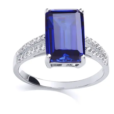 (N) Jewelco London Ladies Rhodium Sterling Silver Blue Emerald Cut CZ Shoulder-Set Claw Solitair