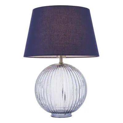 Table Lamp Smokey Grey Ribbed Glass & Navy Cotton 40W E27 GLS Base & Shade